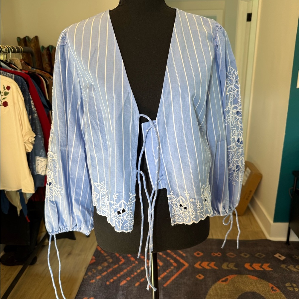 Blue Striped Blouse with Embroidered Details